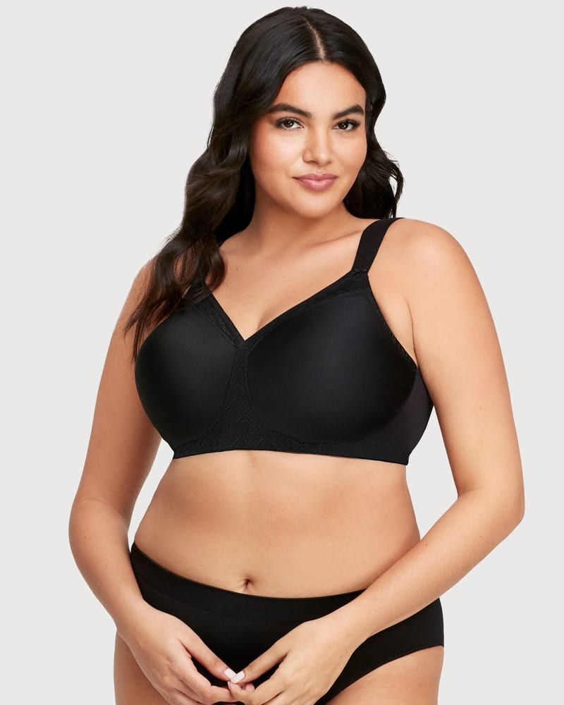 Front of a model wearing a size 46F MagicLift Seamless Support T-Shirt Bra in Black by Glamorise. | dia_product_style_image_id:262982